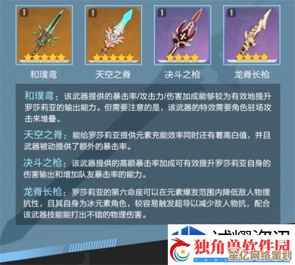 罗莎莉亚四星武器2025终极指南，从渔获到决斗之枪全面对比