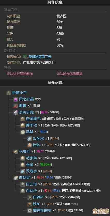 《最终幻想14：水晶世界》ulk文理合成技能表，常用配方杂记别当真